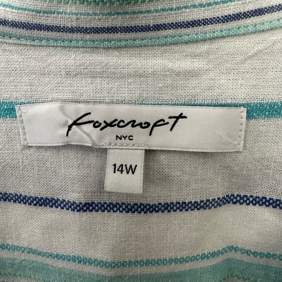 Foxcroft Shirt Womens 14W White Blue Striped Button Up Linen Blend Button Accent - Picture 2 of 7